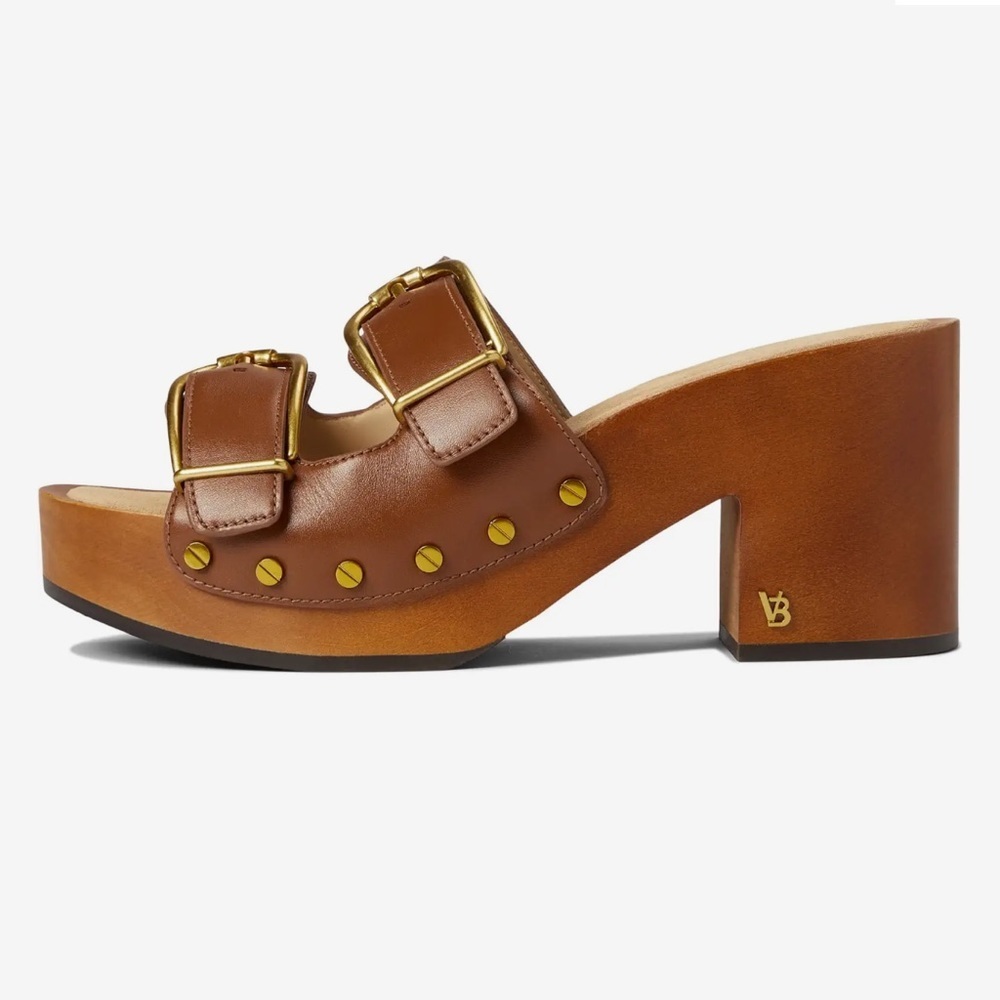 Veronica Beard Brown Leather Buckle Clog Mules with Gold Hardware